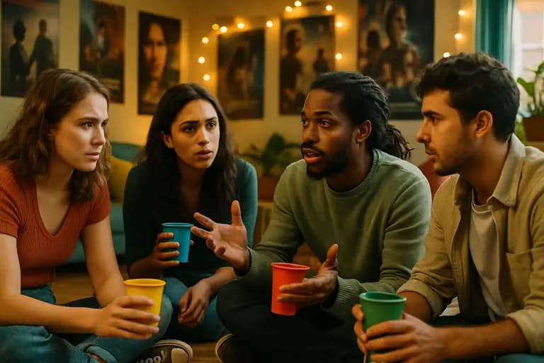 Young viewers watching a movie together in a living room