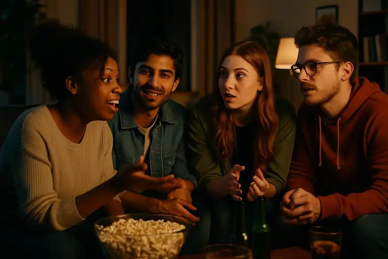 Moviegoers leaving a theater lobby after an evening screening