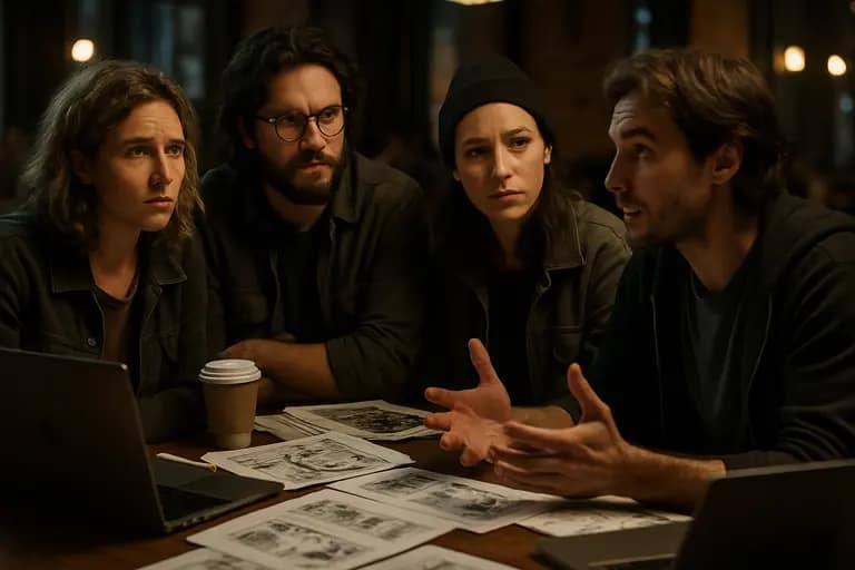 Independent filmmakers reviewing notes near a screening room