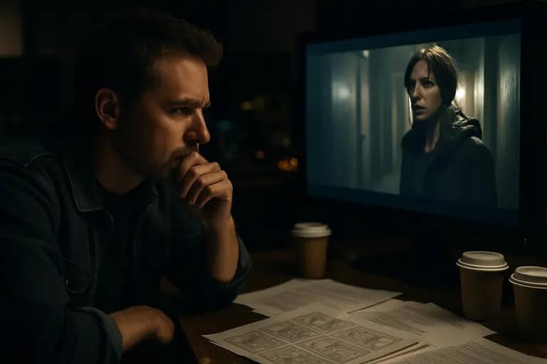 Film production workspace with scripts, headphones, and editing notes