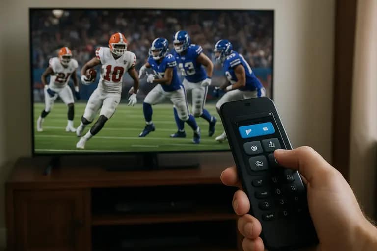 A sports broadcast playing on a television while a viewer checks service options