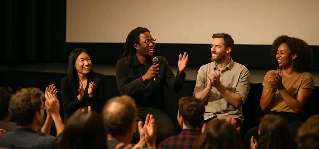 August Film Winners screening room with indie filmmakers discussing awards
