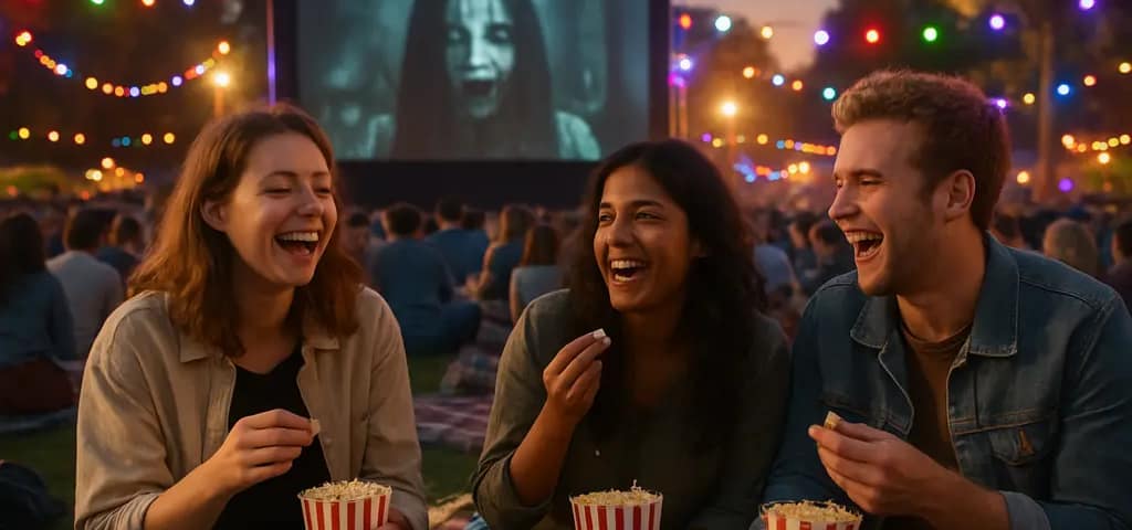 Moviegoers lined up outside a theater for Popcorn Frights Attendance