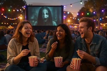 Moviegoers lined up outside a theater for Popcorn Frights Attendance