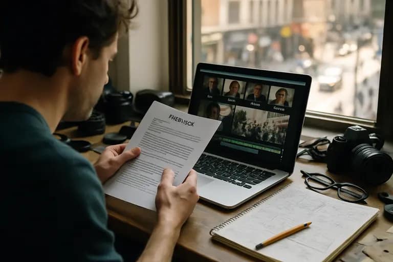 Independent film team arranging pitch materials on a table