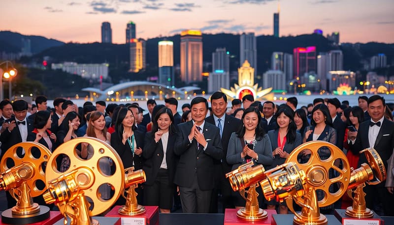 A beautiful outdoor scene at the Busan International Film Festival 2025 awards ceremony. In the foreground, elegant trophy designs inspired by film reels and cameras, polished and gleaming under soft golden lighting. The middle ground features a diverse group of attendees in professional business attire, celebrating and interacting joyfully, their expressions reflecting pride and excitement. Behind them, a stunning backdrop of Busan's skyline at twilight, with colorful lights illuminating iconic buildings. The atmosphere is festive and nostalgic, capturing the essence of 30 years of cinematic achievements. The image is taken from a slightly elevated angle to encompass both the awards and the celebratory crowd, creating a dynamic composition devoid of any text or distractions. A beautiful outdoor scene at the Busan International Film Festival 2025 awards ceremony. In the foreground, elegant trophy designs inspired by film reels and cameras, polished and gleaming under soft golden lighting. The middle ground features a diverse group of attendees in professional business attire, celebrating and interacting joyfully, their expressions reflecting pride and excitement. Behind them, a stunning backdrop of Busan's skyline at twilight, with colorful lights illuminating iconic buildings. The atmosphere is festive and nostalgic, capturing the essence of 30 years of cinematic achievements. The image is taken from a slightly elevated angle to encompass both the awards and the celebratory crowd, creating a dynamic composition devoid of any text or distractions.