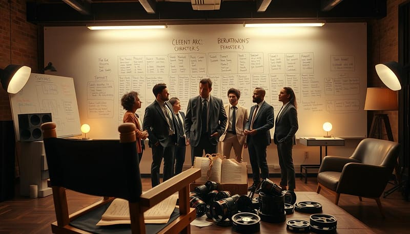 A cinematic set reflecting Quentin Tarantino's dialogue technique, showcasing a dramatic scene in a well-lit film studio. In the foreground, a director's chair with a vintage script resting on it, hinting at intricate dialogue, alongside a collection of film reels scattered on a table. In the middle, a group of diverse filmmakers engaging in a passionate discussion, dressed in professional business attire, their expressions animated, capturing the essence of creative collaboration. The background features a large whiteboard filled with scene breakdowns and character arcs, illuminated with warm, soft lighting that creates a dynamic and inviting atmosphere. The camera angle captures the depth of the room, evoking an intimate yet vibrant setting that embodies the deconstruction of cinematic genius. A cinematic set reflecting Quentin Tarantino's dialogue technique, showcasing a dramatic scene in a well-lit film studio. In the foreground, a director's chair with a vintage script resting on it, hinting at intricate dialogue, alongside a collection of film reels scattered on a table. In the middle, a group of diverse filmmakers engaging in a passionate discussion, dressed in professional business attire, their expressions animated, capturing the essence of creative collaboration. The background features a large whiteboard filled with scene breakdowns and character arcs, illuminated with warm, soft lighting that creates a dynamic and inviting atmosphere. The camera angle captures the depth of the room, evoking an intimate yet vibrant setting that embodies the deconstruction of cinematic genius.