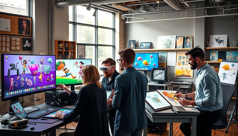 A cutting-edge animation technology showcase in a modern studio environment, featuring a sleek animation workstation with multiple screens displaying vibrant animation designs and character models in motion. In the foreground, a diverse group of four artists in professional attire collaborates enthusiastically, using laptops and digital drawing tablets. The middle ground showcases state-of-the-art equipment like VR headsets and 3D printers alongside vibrant storyboards. The background includes large windows with natural light streaming in, illuminating the creative workspace filled with colorful sketches and awards. The atmosphere is dynamic and inspiring, conveying a sense of innovation and collaboration. Utilize soft lighting to enhance the creative vibe, with a slight lens blur on the background for depth. A cutting-edge animation technology showcase in a modern studio environment, featuring a sleek animation workstation with multiple screens displaying vibrant animation designs and character models in motion. In the foreground, a diverse group of four artists in professional attire collaborates enthusiastically, using laptops and digital drawing tablets. The middle ground showcases state-of-the-art equipment like VR headsets and 3D printers alongside vibrant storyboards. The background includes large windows with natural light streaming in, illuminating the creative workspace filled with colorful sketches and awards. The atmosphere is dynamic and inspiring, conveying a sense of innovation and collaboration. Utilize soft lighting to enhance the creative vibe, with a slight lens blur on the background for depth.