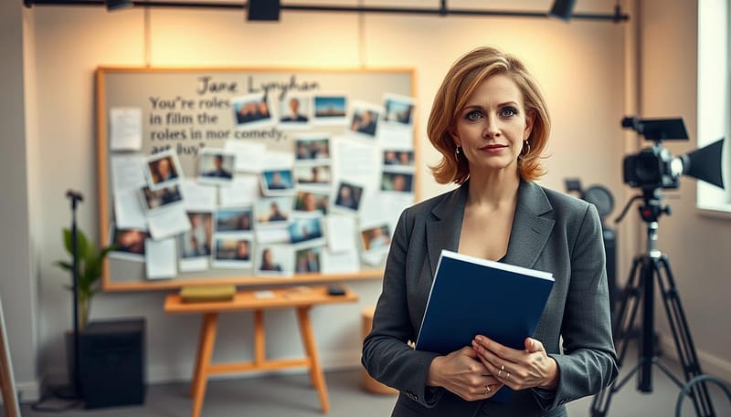 A stylish portrait of Jane Lynch, dressed in a chic, professional outfit, as she stands confidently in a contemporary studio setting. In the foreground, she holds a script, symbolizing her upcoming projects, with a thoughtful expression reflecting her continued evolution in entertainment. The middle ground features a large, inspiring mood board pinned with images and notes about her future roles in film and comedy, showcasing snippets of creativity. In the background, soft, ambient lighting illuminates a creative workspace with film equipment, casting a warm glow. The atmosphere is optimistic and forward-looking, emphasizing her journey from comedy to more serious roles, capturing the essence of her career evolution. Shot with a 50mm lens for a slight depth of field, focusing on Jane while softly blurring the background elements. A stylish portrait of Jane Lynch, dressed in a chic, professional outfit, as she stands confidently in a contemporary studio setting. In the foreground, she holds a script, symbolizing her upcoming projects, with a thoughtful expression reflecting her continued evolution in entertainment. The middle ground features a large, inspiring mood board pinned with images and notes about her future roles in film and comedy, showcasing snippets of creativity. In the background, soft, ambient lighting illuminates a creative workspace with film equipment, casting a warm glow. The atmosphere is optimistic and forward-looking, emphasizing her journey from comedy to more serious roles, capturing the essence of her career evolution. Shot with a 50mm lens for a slight depth of field, focusing on Jane while softly blurring the background elements.