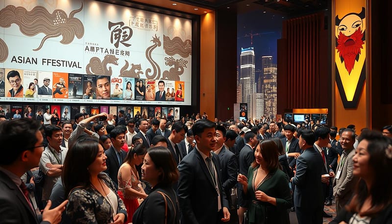 A visual representation of the evolution of an Asian film festival, featuring a bustling film screening event. In the foreground, a diverse group of filmmakers and audiences in professional business attire engaged in animated discussions, displaying excitement and curiosity. The middle ground showcases a grand, modern auditorium adorned with traditional Asian motifs, filled with film posters celebrating historical milestones. In the background, a timeline of prominent Asian film icons and landmark films gracefully blends into a vibrant cityscape illuminated by dazzling lights, symbolizing growth and evolution. Soft, warm lighting creates an inviting ambiance, enhancing a sense of community and celebration. The angle is slightly elevated, capturing the entire scene and emphasizing the dynamic atmosphere of the festival. A visual representation of the evolution of an Asian film festival, featuring a bustling film screening event. In the foreground, a diverse group of filmmakers and audiences in professional business attire engaged in animated discussions, displaying excitement and curiosity. The middle ground showcases a grand, modern auditorium adorned with traditional Asian motifs, filled with film posters celebrating historical milestones. In the background, a timeline of prominent Asian film icons and landmark films gracefully blends into a vibrant cityscape illuminated by dazzling lights, symbolizing growth and evolution. Soft, warm lighting creates an inviting ambiance, enhancing a sense of community and celebration. The angle is slightly elevated, capturing the entire scene and emphasizing the dynamic atmosphere of the festival.