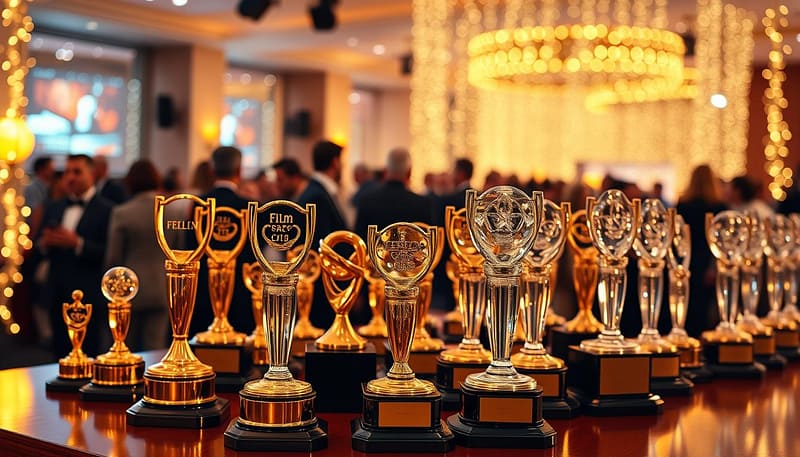 A beautifully arranged display of film festival awards, featuring gleaming golden trophies and elegant crystal figurines on a polished wooden table. In the foreground, several awards are illuminated with soft, focused lighting to highlight their intricate designs and details. The middle ground showcases a backdrop of sparkling fairy lights, creating a celebratory and prestigious atmosphere. In the background, a blurred silhouette of a bustling event hall filled with attendees in professional attire, creating an ambiance of excitement and anticipation. The overall color palette is warm with golden hues, embodying a sense of achievement and recognition. The image captures the essence of film festival awards, inviting viewers to celebrate cinematic excellence. A beautifully arranged display of film festival awards, featuring gleaming golden trophies and elegant crystal figurines on a polished wooden table. In the foreground, several awards are illuminated with soft, focused lighting to highlight their intricate designs and details. The middle ground showcases a backdrop of sparkling fairy lights, creating a celebratory and prestigious atmosphere. In the background, a blurred silhouette of a bustling event hall filled with attendees in professional attire, creating an ambiance of excitement and anticipation. The overall color palette is warm with golden hues, embodying a sense of achievement and recognition. The image captures the essence of film festival awards, inviting viewers to celebrate cinematic excellence.