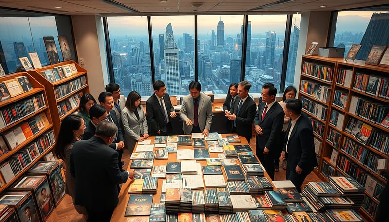 A bustling film distribution office in an Asian metropolis, showcasing a vibrant mix of cultural influences. In the foreground, a diverse group of professionals, dressed in smart business attire, engage in animated discussion around a large table covered in film posters and scripts. In the middle, shelves filled with DVDs and promotional materials of various Asian films line the walls, showcasing titles from different countries. The background features a large window with a view of a dynamic city skyline bathed in soft evening light, casting a warm glow throughout the room. This scene conveys an atmosphere of collaboration and innovation in the film industry, highlighting the global impact of Asian cinema. The image should be bright and inviting, with a focus on depth and clarity, shot with a slight low-angle perspective to emphasize the professionalism and energy of the setting. A bustling film distribution office in an Asian metropolis, showcasing a vibrant mix of cultural influences. In the foreground, a diverse group of professionals, dressed in smart business attire, engage in animated discussion around a large table covered in film posters and scripts. In the middle, shelves filled with DVDs and promotional materials of various Asian films line the walls, showcasing titles from different countries. The background features a large window with a view of a dynamic city skyline bathed in soft evening light, casting a warm glow throughout the room. This scene conveys an atmosphere of collaboration and innovation in the film industry, highlighting the global impact of Asian cinema. The image should be bright and inviting, with a focus on depth and clarity, shot with a slight low-angle perspective to emphasize the professionalism and energy of the setting.
