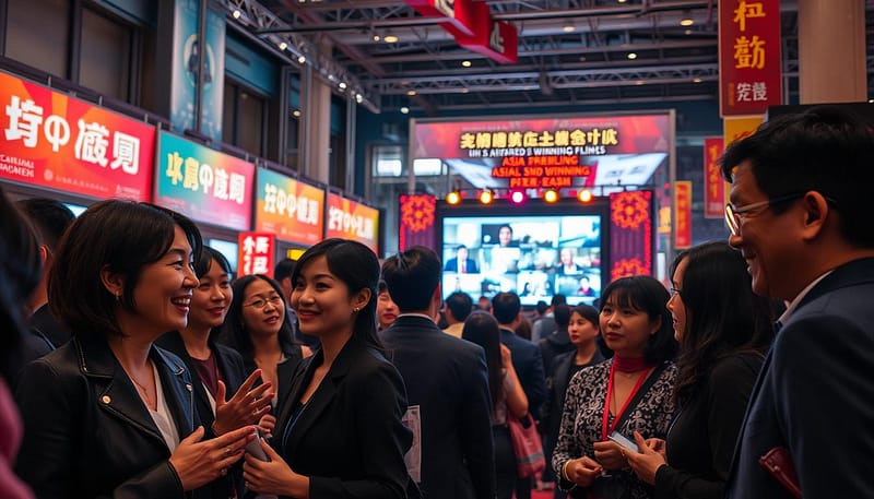 A dynamic scene capturing the vibrant essence of Asian cinema trends, set against a backdrop of a bustling film festival atmosphere. In the foreground, a diverse group of filmmakers and industry professionals in professional business attire engage in passionate discussions, showcasing female and male figures animatedly exchanging ideas, their expressions filled with excitement. The middle ground features an illuminated screen displaying snippets from award-winning films, surrounded by festival banners and colorful decorations. The background captures the lively crowd, with people engrossed in screenings and networking, under soft, warm lighting that creates an inviting ambiance. The image should be framed from a slightly elevated angle, emphasizing the interaction among the attendees, while the overall mood reflects a mix of celebration and inspiration typical of a premier film festival.