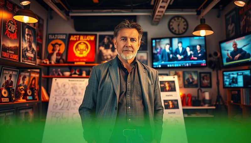A genre film director stands confidently in a creative studio, surrounded by vibrant movie posters and props that reflect various film genres. The foreground features the director, a middle-aged individual with a thoughtful expression, dressed in smart casual attire—slim-fit jeans and a tailored jacket. In the middle, a large storyboard is visible, filled with dynamic sketches and notes, indicating a brainstorming session. The background shows shelves lined with film awards, vintage cameras, and a digital screen displaying scenes from iconic genre films. The atmosphere is energetic and inspired, illuminated by warm overhead lights and soft ambient lighting, giving it a cozy yet professional feel. The composition is shot with a shallow depth of field, focusing sharply on the director while blurring the dynamic environment around them. A genre film director stands confidently in a creative studio, surrounded by vibrant movie posters and props that reflect various film genres. The foreground features the director, a middle-aged individual with a thoughtful expression, dressed in smart casual attire—slim-fit jeans and a tailored jacket. In the middle, a large storyboard is visible, filled with dynamic sketches and notes, indicating a brainstorming session. The background shows shelves lined with film awards, vintage cameras, and a digital screen displaying scenes from iconic genre films. The atmosphere is energetic and inspired, illuminated by warm overhead lights and soft ambient lighting, giving it a cozy yet professional feel. The composition is shot with a shallow depth of field, focusing sharply on the director while blurring the dynamic environment around them.