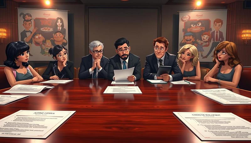 A sleek and professional setting depicting the judging criteria for animation awards. In the foreground, a polished wooden judges' table with elegant gold accents, adorned with neatly arranged papers detailing the judging criteria, such as "Creativity," "Technical Excellence," "Storytelling," and "Character Development." In the middle, diverse judges in professional business attire, deep in discussion, displaying expressions of contemplation and focus, with one holding a pen and making notes. The background features a subtle, softly lit ambiance that hints at a prestigious award event, with banners displaying animation artwork and dimly glowing spotlights highlighting the judges. The mood is serious yet inspiring, emphasizing the importance of the judging process for excellence in animation.