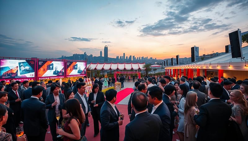 A vibrant celebration scene for the 30th anniversary of the Busan International Film Festival (BIFF). In the foreground, elegantly dressed attendees in professional business attire mingle, holding glasses of champagne and engaging in conversations. The middle ground features a festively decorated outdoor venue with vibrant lights, large digital screens showcasing film highlights, and a red carpet entrance. In the background, the iconic Busan skyline glows under a twilight sky, with a blend of warm and cool lighting creating a celebratory atmosphere. Capture a dynamic angle that showcases the energy of the event, emphasizing the themes of maturity and global leadership in the film industry, with a focus on joy and achievement.