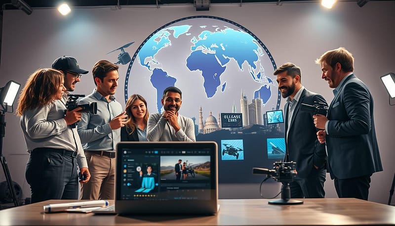 A vibrant global cinema scene showcasing innovative technology in the film industry. In the foreground, a diverse group of filmmakers and tech experts, dressed in professional business attire, engage in animated discussion around a cutting-edge film editing software on a sleek laptop. The middle layer features a high-tech film set, with advanced cameras, drones, and lighting equipment arranged artistically. In the background, a symbolic globe composed of film reels and digital screens highlights various iconic landmarks from three continents to represent global cinema. Soft studio lighting bathes the scene, creating a dynamic atmosphere of collaboration and creativity. The perspective is slightly elevated, capturing both the engagement of the filmmakers and the innovative technology surrounding them, emphasizing the theme of recognition in technology and innovation within the cinema industry. A vibrant global cinema scene showcasing innovative technology in the film industry. In the foreground, a diverse group of filmmakers and tech experts, dressed in professional business attire, engage in animated discussion around a cutting-edge film editing software on a sleek laptop. The middle layer features a high-tech film set, with advanced cameras, drones, and lighting equipment arranged artistically. In the background, a symbolic globe composed of film reels and digital screens highlights various iconic landmarks from three continents to represent global cinema. Soft studio lighting bathes the scene, creating a dynamic atmosphere of collaboration and creativity. The perspective is slightly elevated, capturing both the engagement of the filmmakers and the innovative technology surrounding them, emphasizing the theme of recognition in technology and innovation within the cinema industry.