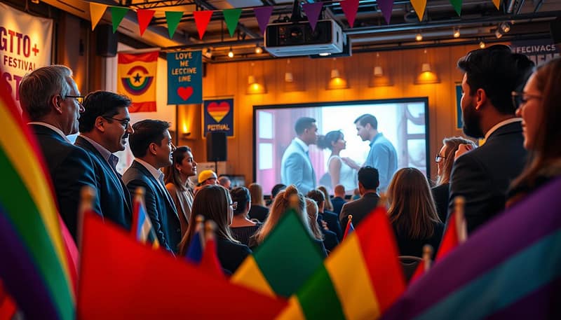 A vibrant scene capturing a diverse group of filmmakers at an LGBTQ+ film festival, showcasing a colorful array of flags in the foreground. The filmmakers, dressed in professional business attire, are engaged in animated discussions, highlighting mentorship and collaboration. In the middle, a large projector screen displays a heartfelt film scene celebrating love and acceptance, while an audience of different ethnicities and ages watches with enthusiasm. The background features festival banners and decorations, illuminated by warm ambient lighting that creates an inviting atmosphere. The angle is slightly elevated, emphasizing the camaraderie and passion for storytelling. The mood is inspiring and supportive, reflecting the industry’s progressive impact on representation in cinema. A vibrant scene capturing a diverse group of filmmakers at an LGBTQ+ film festival, showcasing a colorful array of flags in the foreground. The filmmakers, dressed in professional business attire, are engaged in animated discussions, highlighting mentorship and collaboration. In the middle, a large projector screen displays a heartfelt film scene celebrating love and acceptance, while an audience of different ethnicities and ages watches with enthusiasm. The background features festival banners and decorations, illuminated by warm ambient lighting that creates an inviting atmosphere. The angle is slightly elevated, emphasizing the camaraderie and passion for storytelling. The mood is inspiring and supportive, reflecting the industry’s progressive impact on representation in cinema.