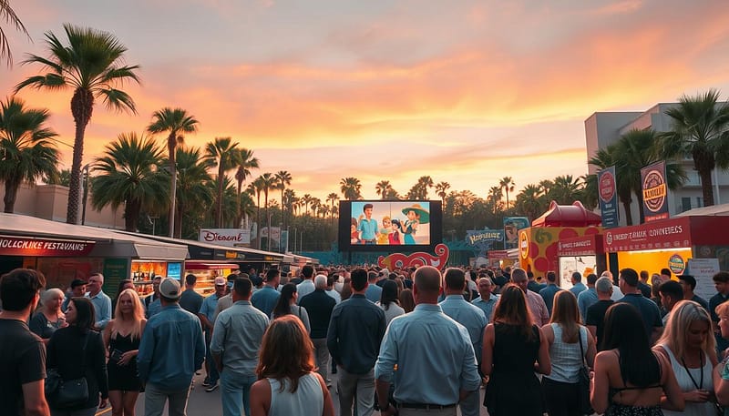 A vibrant scene capturing the essence of the Burbank International Film Festival, showcasing a lively outdoor festival atmosphere. In the foreground, film enthusiasts of diverse backgrounds gather, dressed in smart casual attire, discussing animation and genre films. The middle ground features a large screen displaying animated clips, surrounded by food stalls and artistic installations inspired by iconic characters. The background includes palm trees and the silhouette of nearby buildings against a sunset sky, with warm golden and pink hues. The lighting is soft and inviting, creating a festive mood. A wide-angle lens captures the bustling energy of the event while emphasizing the celebration of creativity and storytelling in animation. A vibrant scene capturing the essence of the Burbank International Film Festival, showcasing a lively outdoor festival atmosphere. In the foreground, film enthusiasts of diverse backgrounds gather, dressed in smart casual attire, discussing animation and genre films. The middle ground features a large screen displaying animated clips, surrounded by food stalls and artistic installations inspired by iconic characters. The background includes palm trees and the silhouette of nearby buildings against a sunset sky, with warm golden and pink hues. The lighting is soft and inviting, creating a festive mood. A wide-angle lens captures the bustling energy of the event while emphasizing the celebration of creativity and storytelling in animation.