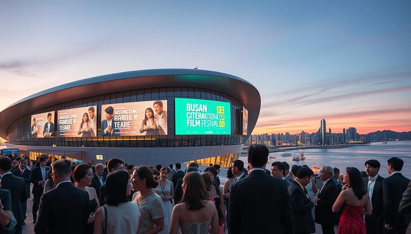 A vibrant scene capturing the essence of the Busan International Film Festival, showcasing the striking Busan Cinema Center at dusk. In the foreground, a diverse group of elegantly dressed filmmakers and festival-goers engage in animated conversations, enjoying the festive atmosphere. The middle ground features the iconic architecture of the cinema center, with its sweeping curves and large, illuminated screens displaying film titles. The background boasts a stunning view of Busan's coastal skyline, silhouetted against a colorful sunset. Soft, warm lighting bathes the scene, creating an inviting yet cinematic mood. The composition employs a wide-angle lens perspective to emphasize the grandeur of the event, encapsulating the excitement and prestige of Asia's premier cinema showcase.