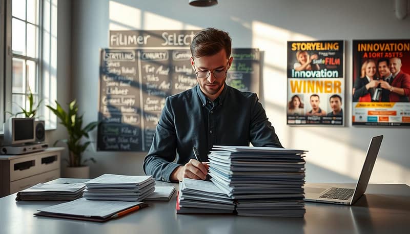 A visually engaging scene depicting a film festival selection process in a well-lit, modern office environment. In the foreground, a professional-looking individual, dressed in business attire, reviews a stack of film submissions on a sleek desk, surrounded by notepads and a laptop. The middle layer showcases a chalkboard or whiteboard featuring organized categories like "Storytelling," "Cinematography," and "Innovation," each with colorful doodles and bullet points. In the background, soft daylight streams through large windows, illuminating posters of past film festival winners, creating an inspiring atmosphere. The overall mood is focused and creative, capturing the essence of film evaluation and high standards of competition without any text elements. A visually engaging scene depicting a film festival selection process in a well-lit, modern office environment. In the foreground, a professional-looking individual, dressed in business attire, reviews a stack of film submissions on a sleek desk, surrounded by notepads and a laptop. The middle layer showcases a chalkboard or whiteboard featuring organized categories like "Storytelling," "Cinematography," and "Innovation," each with colorful doodles and bullet points. In the background, soft daylight streams through large windows, illuminating posters of past film festival winners, creating an inspiring atmosphere. The overall mood is focused and creative, capturing the essence of film evaluation and high standards of competition without any text elements.